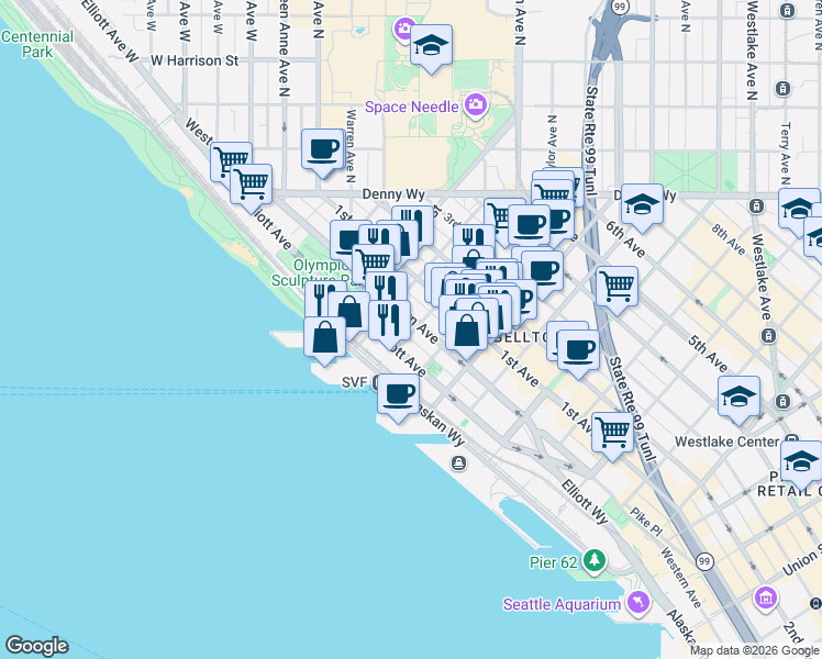 map of restaurants, bars, coffee shops, grocery stores, and more near 2600 Elliott Avenue in Seattle