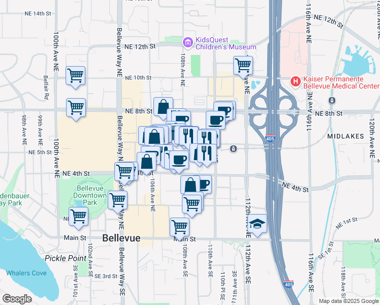 map of restaurants, bars, coffee shops, grocery stores, and more near 500 108th Avenue Northeast in Bellevue