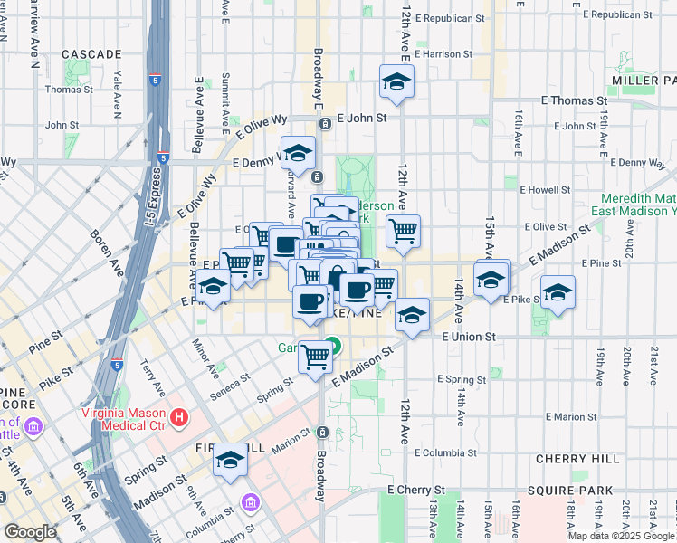 map of restaurants, bars, coffee shops, grocery stores, and more near in Seattle