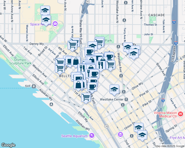 map of restaurants, bars, coffee shops, grocery stores, and more near 2208 4th Avenue in Seattle
