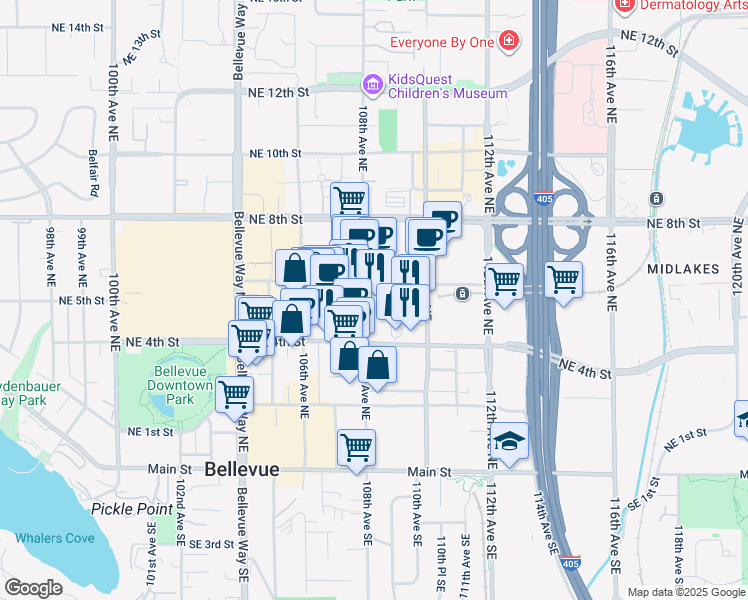 map of restaurants, bars, coffee shops, grocery stores, and more near 500 108th Avenue Northeast in Bellevue