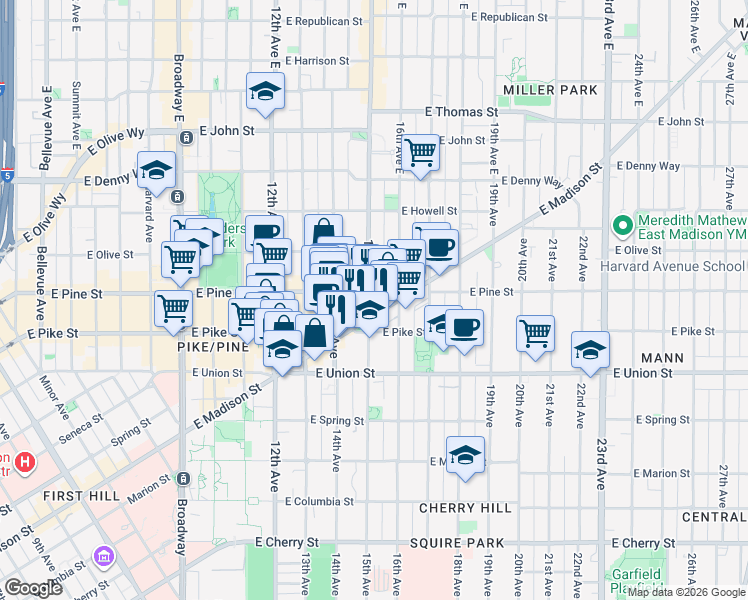 map of restaurants, bars, coffee shops, grocery stores, and more near 1420 East Madison Street in Seattle