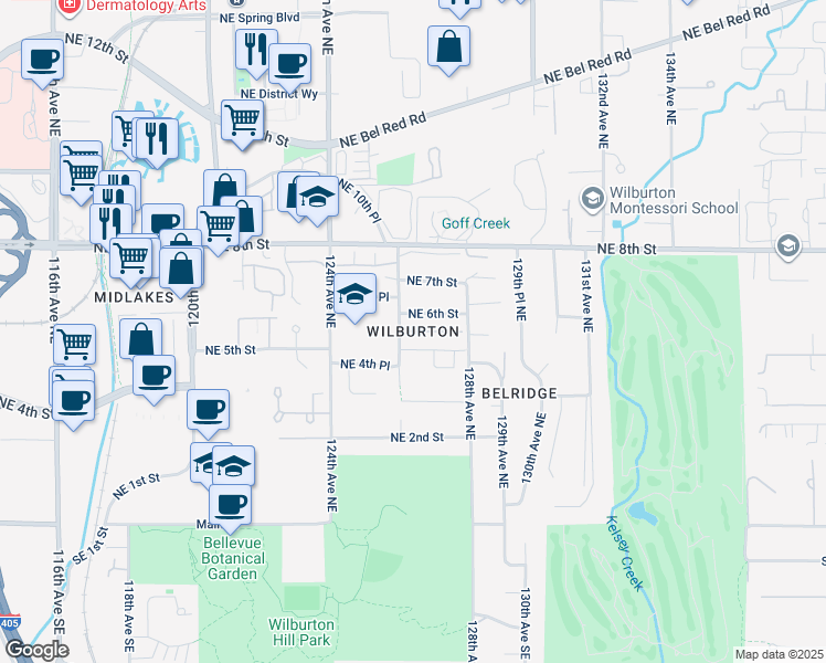 map of restaurants, bars, coffee shops, grocery stores, and more near in Bellevue