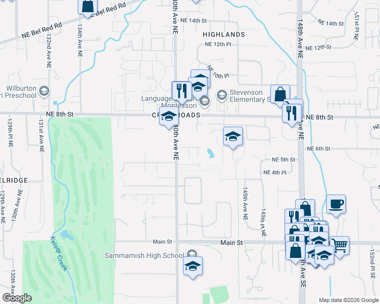 map of restaurants, bars, coffee shops, grocery stores, and more near 14131 Northeast 6th Place in Bellevue