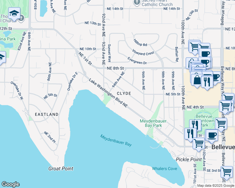 map of restaurants, bars, coffee shops, grocery stores, and more near 9426 Lake Washington Boulevard Northeast in Bellevue