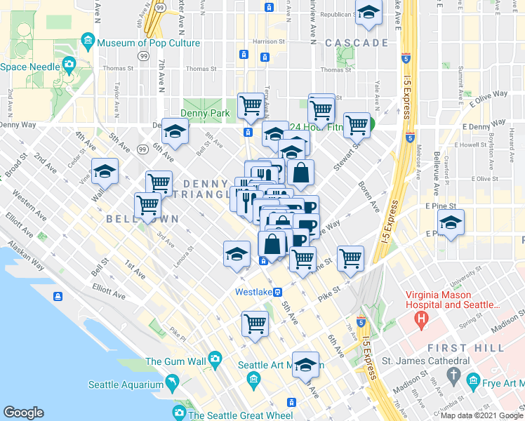 map of restaurants, bars, coffee shops, grocery stores, and more near 7th Ave & Virginia St in Seattle
