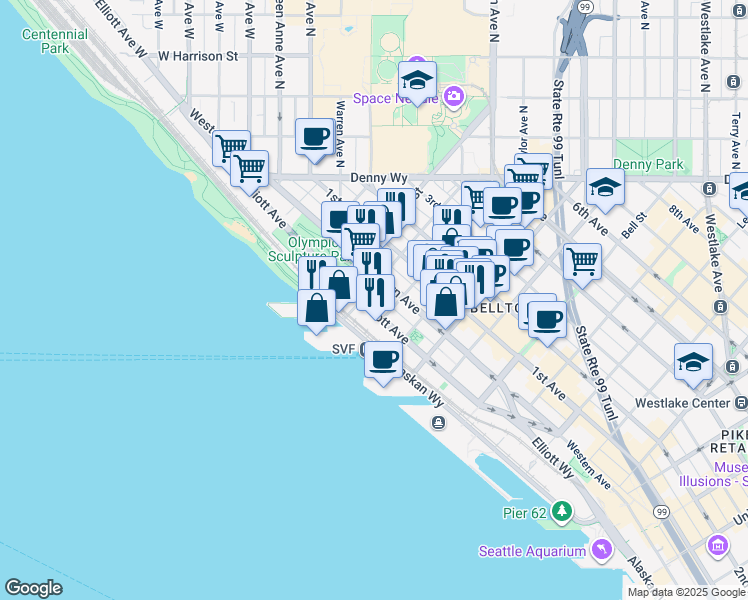 map of restaurants, bars, coffee shops, grocery stores, and more near 2716 Elliott Avenue in Seattle