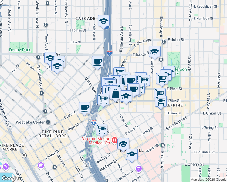 map of restaurants, bars, coffee shops, grocery stores, and more near 1515 Melrose Avenue in Seattle