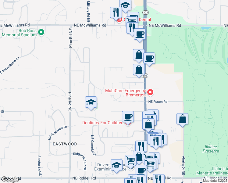 map of restaurants, bars, coffee shops, grocery stores, and more near 1302 Northeast Jasmine Lane in Bremerton