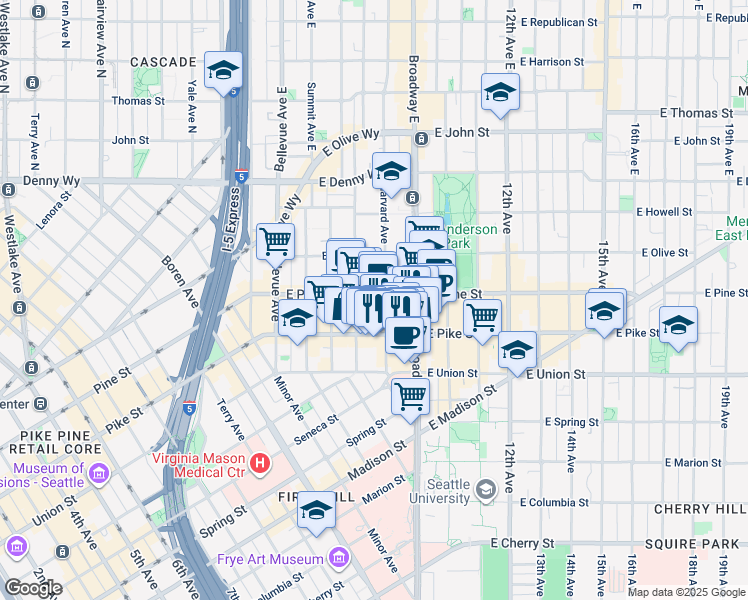 map of restaurants, bars, coffee shops, grocery stores, and more near 715 East Pine Street in Seattle