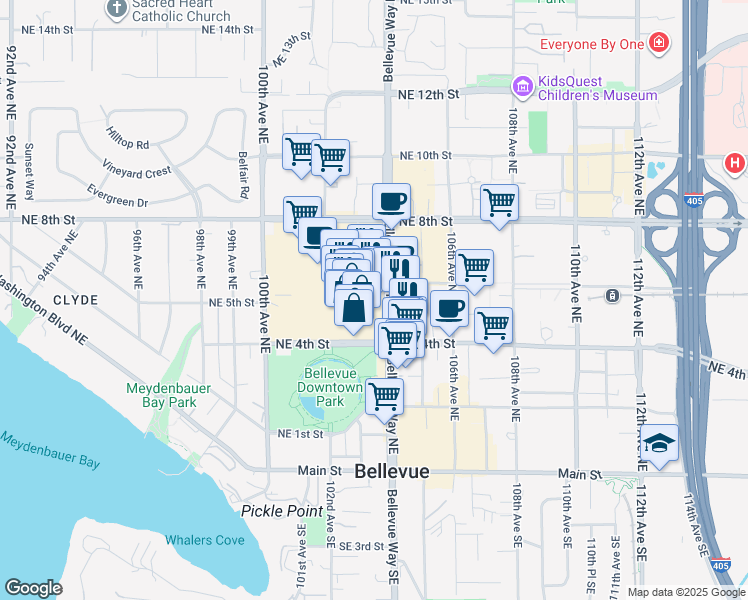 map of restaurants, bars, coffee shops, grocery stores, and more near 421 Bellevue Square in Bellevue