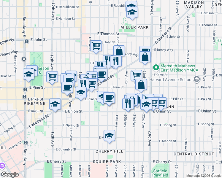 map of restaurants, bars, coffee shops, grocery stores, and more near 1510 18th Avenue in Seattle