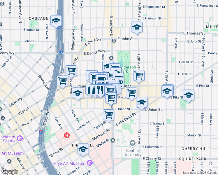 map of restaurants, bars, coffee shops, grocery stores, and more near in Seattle