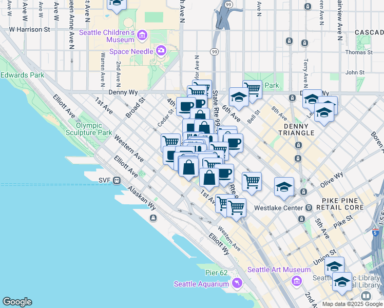 map of restaurants, bars, coffee shops, grocery stores, and more near 2312 2nd Avenue in Seattle