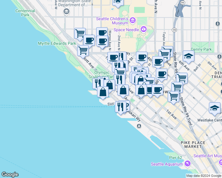 map of restaurants, bars, coffee shops, grocery stores, and more near 2601 Elliott Avenue in Seattle