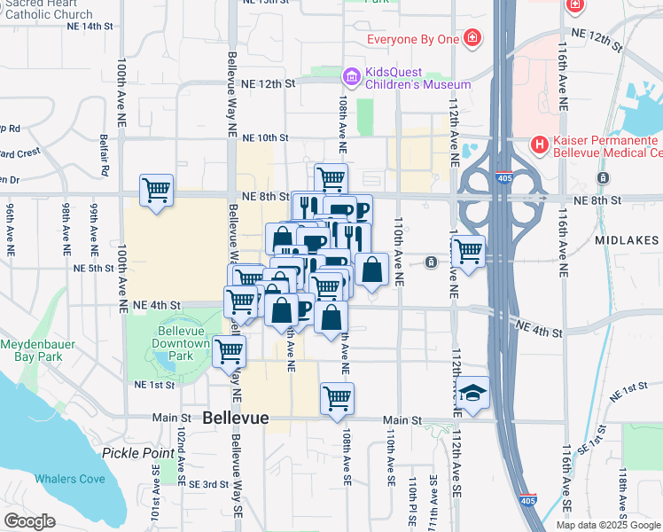 map of restaurants, bars, coffee shops, grocery stores, and more near 10700 Northeast 4th Street in Bellevue