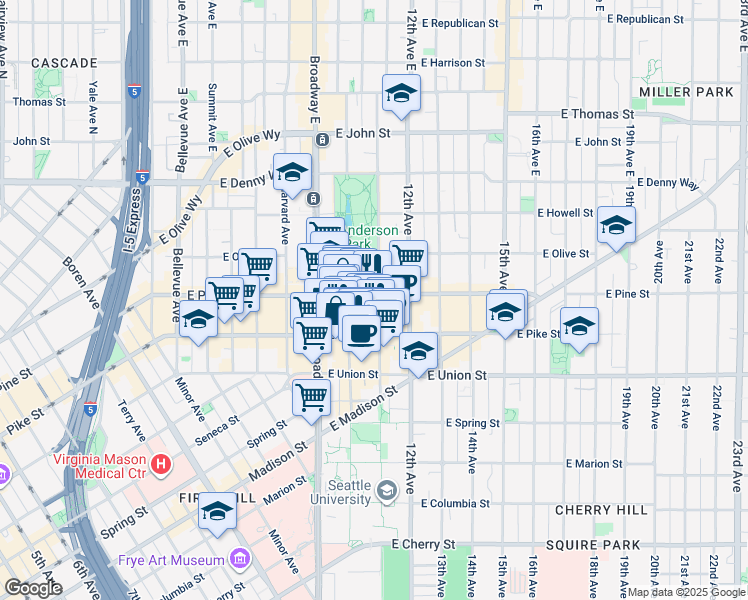 map of restaurants, bars, coffee shops, grocery stores, and more near 1427 10th Avenue in Seattle