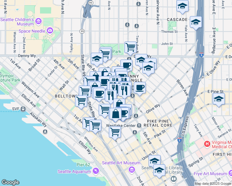 map of restaurants, bars, coffee shops, grocery stores, and more near 2121 6th Avenue in Seattle