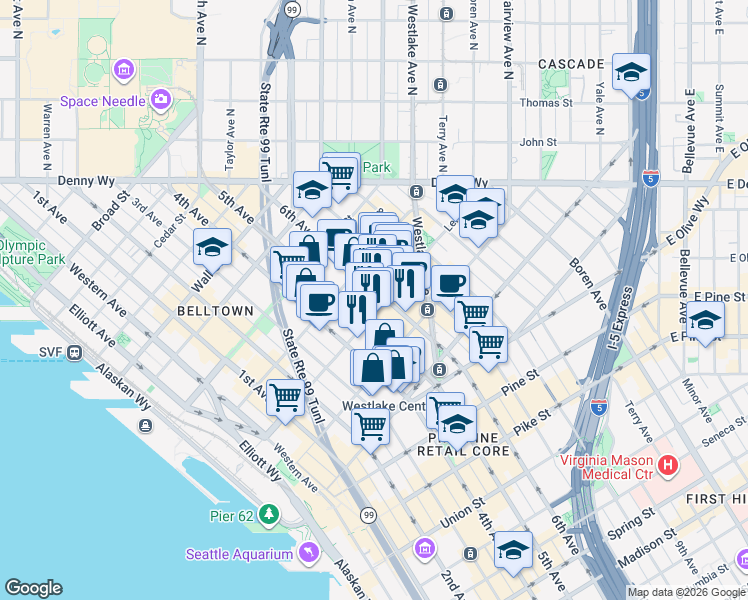map of restaurants, bars, coffee shops, grocery stores, and more near 2121 6th Avenue in Seattle