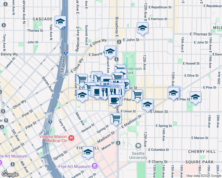 map of restaurants, bars, coffee shops, grocery stores, and more near 805 East Pine Street in Seattle