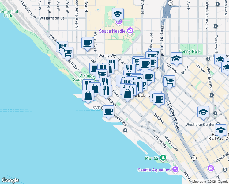 map of restaurants, bars, coffee shops, grocery stores, and more near Western Ave & Cedar St in Seattle