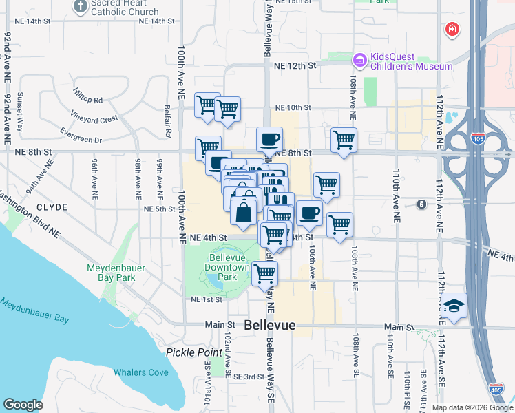 map of restaurants, bars, coffee shops, grocery stores, and more near 300 Bellevue Square in Bellevue