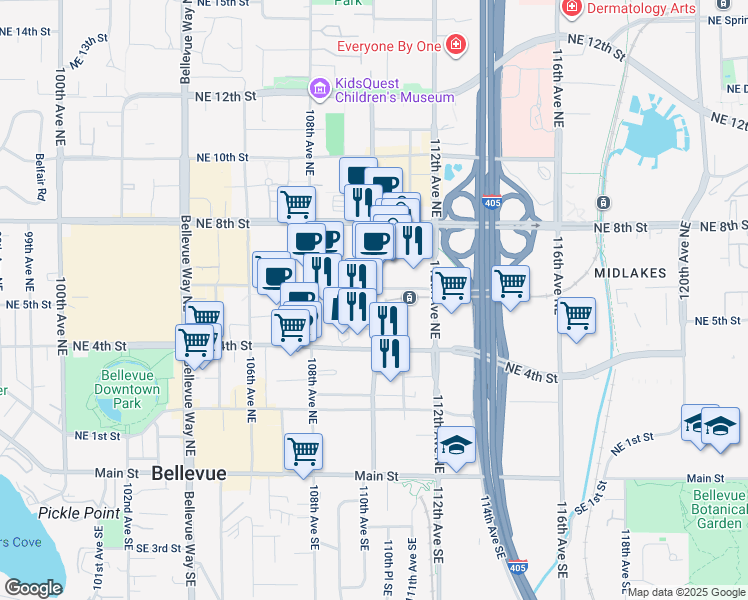 map of restaurants, bars, coffee shops, grocery stores, and more near 555 110th Avenue Northeast in Bellevue
