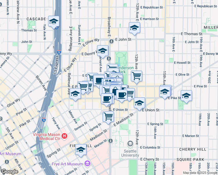 map of restaurants, bars, coffee shops, grocery stores, and more near 1531 Broadway in Seattle