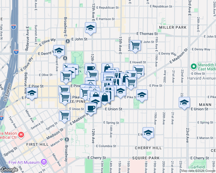 map of restaurants, bars, coffee shops, grocery stores, and more near 1323 East Pine Street in Seattle