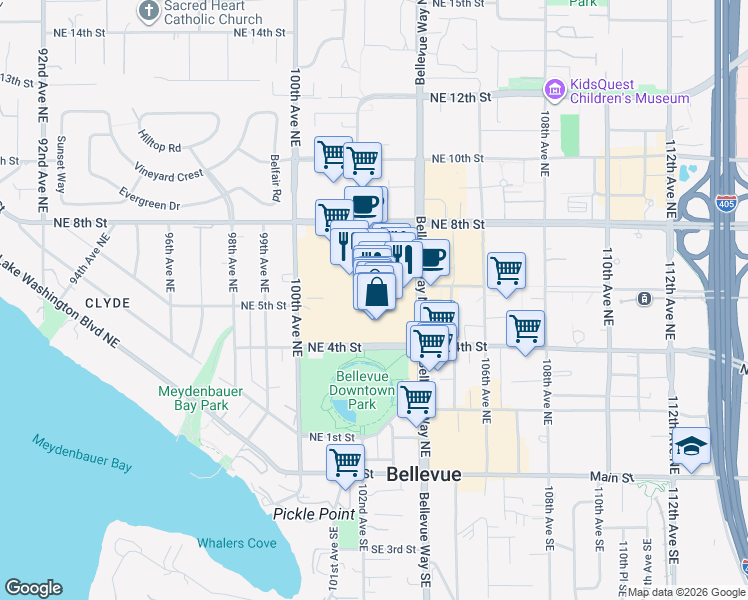 map of restaurants, bars, coffee shops, grocery stores, and more near 232 Bellevue Square in Bellevue