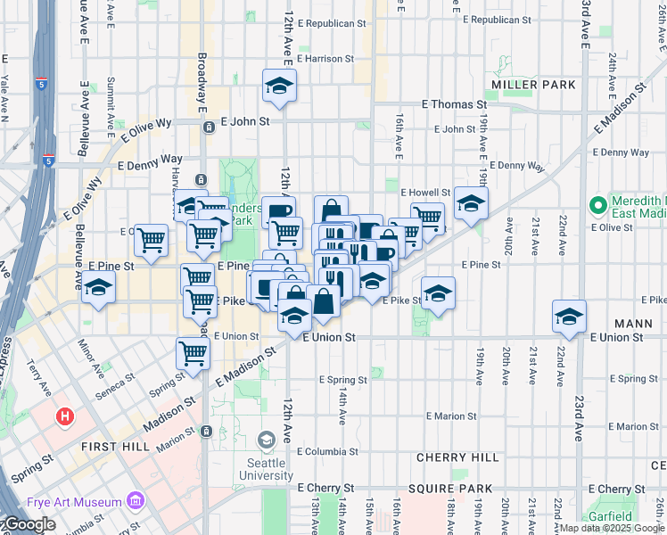 map of restaurants, bars, coffee shops, grocery stores, and more near in Seattle