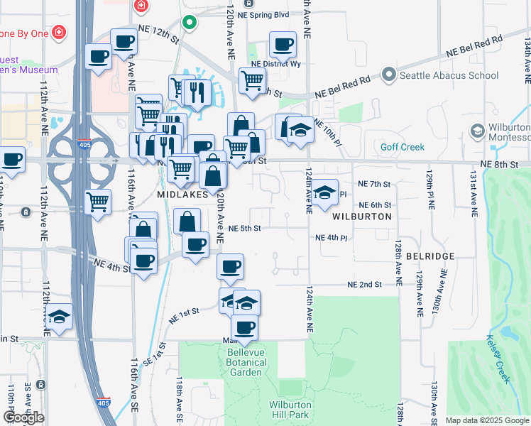 map of restaurants, bars, coffee shops, grocery stores, and more near 504 121st Place Northeast in Bellevue