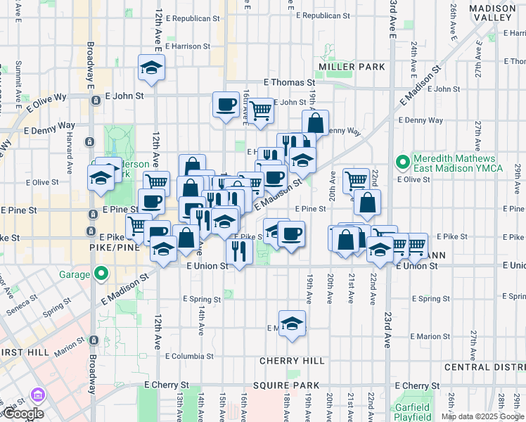 map of restaurants, bars, coffee shops, grocery stores, and more near 1708 East Pike Street in Seattle
