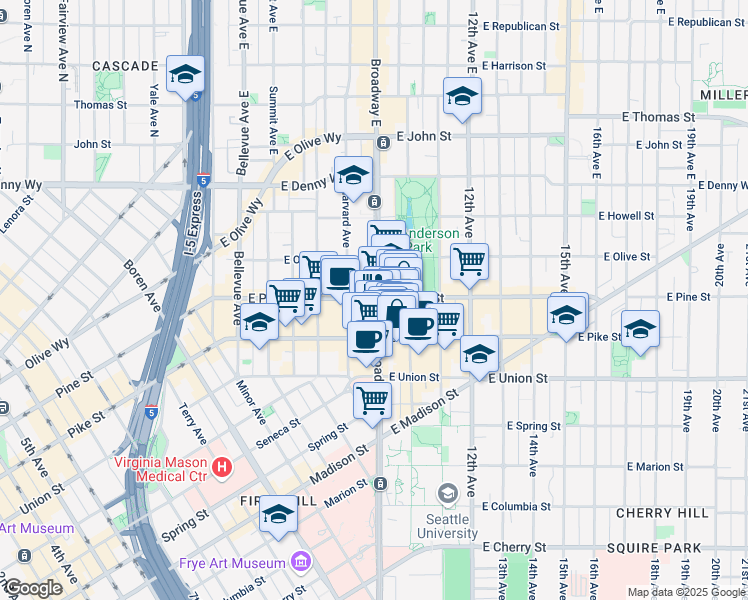 map of restaurants, bars, coffee shops, grocery stores, and more near 1514 Broadway in Seattle