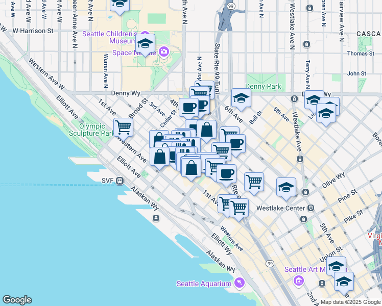 map of restaurants, bars, coffee shops, grocery stores, and more near in Seattle
