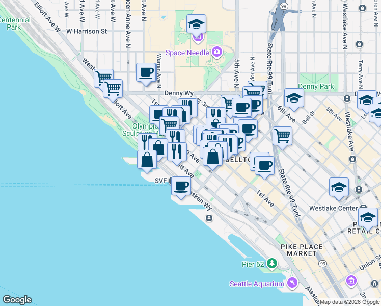 map of restaurants, bars, coffee shops, grocery stores, and more near 2600 Elliott Avenue in Seattle