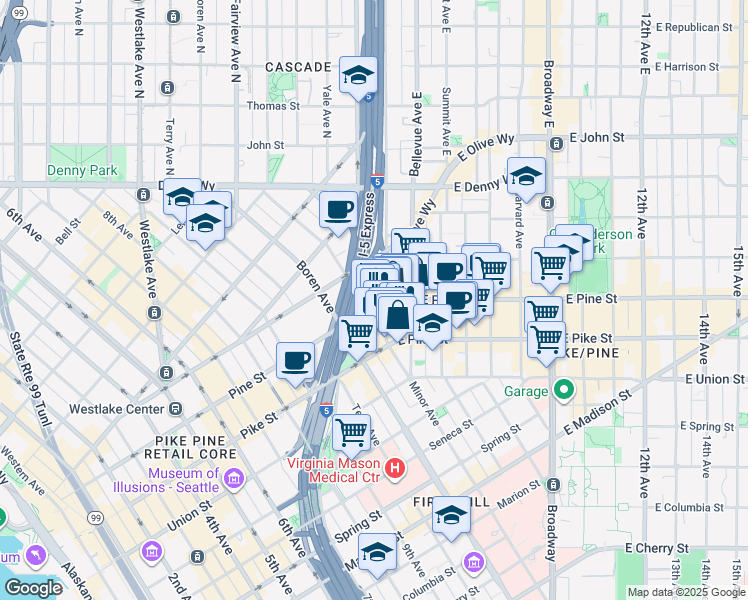 map of restaurants, bars, coffee shops, grocery stores, and more near 1208 Pine Street in Seattle