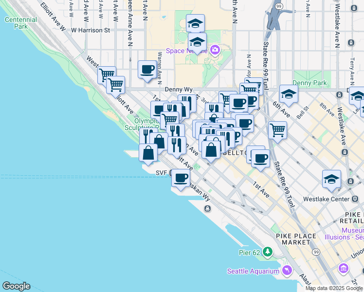 map of restaurants, bars, coffee shops, grocery stores, and more near 2600 Elliott Avenue in Seattle