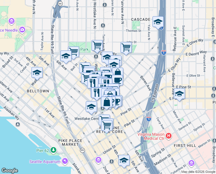 map of restaurants, bars, coffee shops, grocery stores, and more near 700 Stewart Street in Seattle