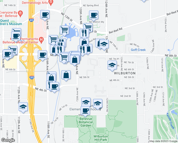 map of restaurants, bars, coffee shops, grocery stores, and more near 558 121st Place Northeast in Bellevue