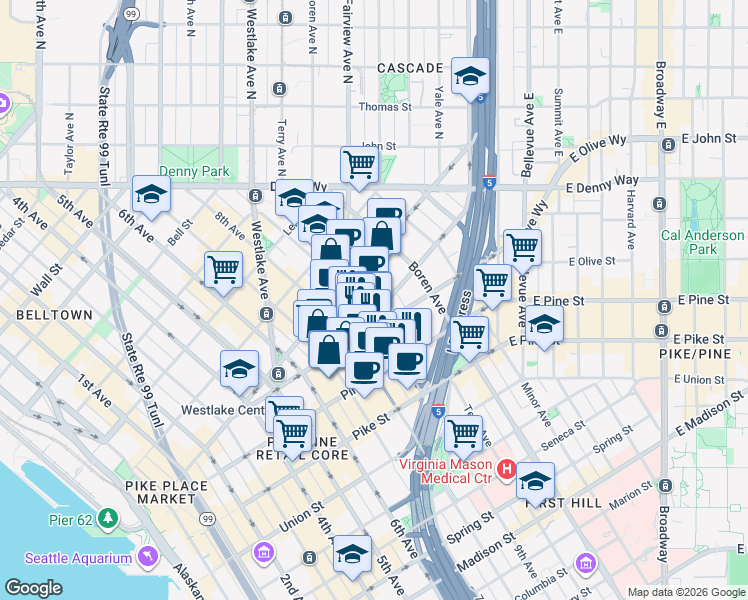 map of restaurants, bars, coffee shops, grocery stores, and more near 1800 9th Avenue in Seattle