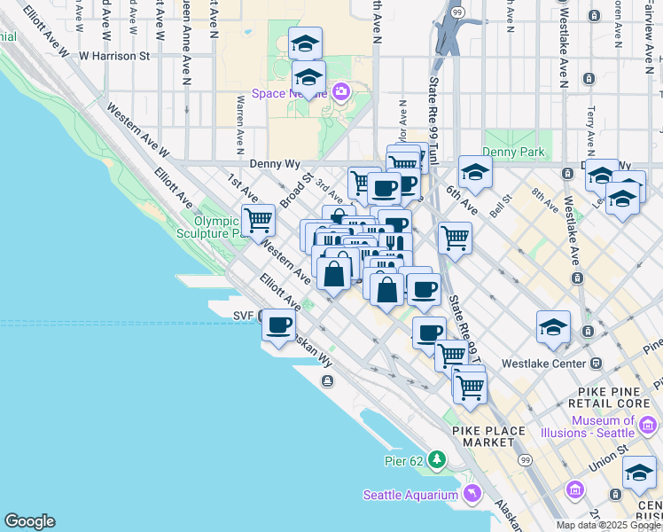 map of restaurants, bars, coffee shops, grocery stores, and more near in Seattle