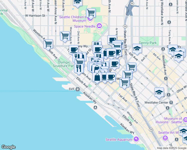 map of restaurants, bars, coffee shops, grocery stores, and more near in Seattle