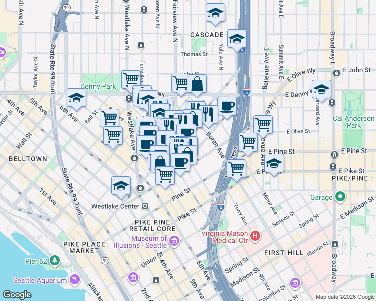 map of restaurants, bars, coffee shops, grocery stores, and more near 1800 9th Avenue in Seattle