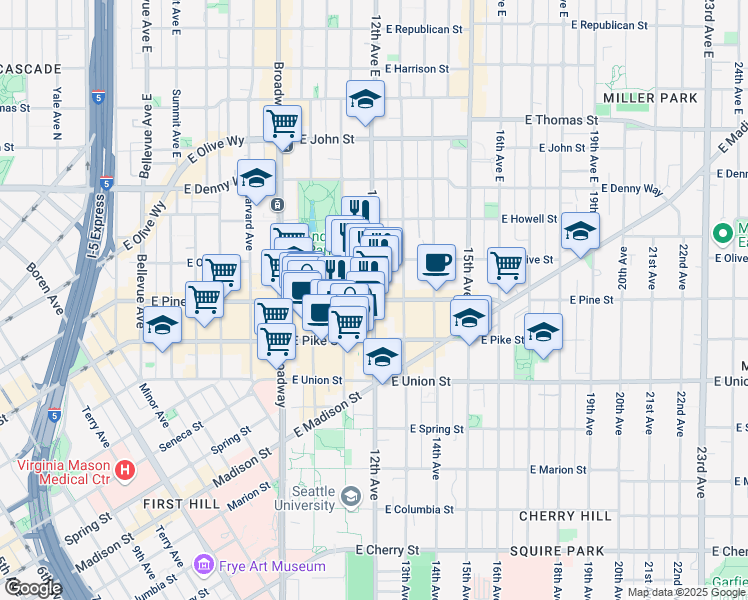 map of restaurants, bars, coffee shops, grocery stores, and more near 12th Avenue & East Pine Street in Seattle