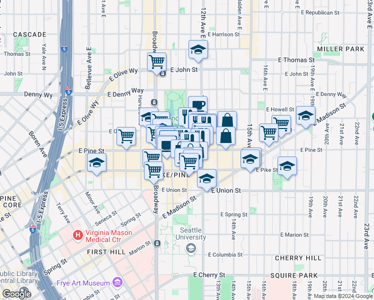 map of restaurants, bars, coffee shops, grocery stores, and more near E Pine St & 11th Ave in Seattle