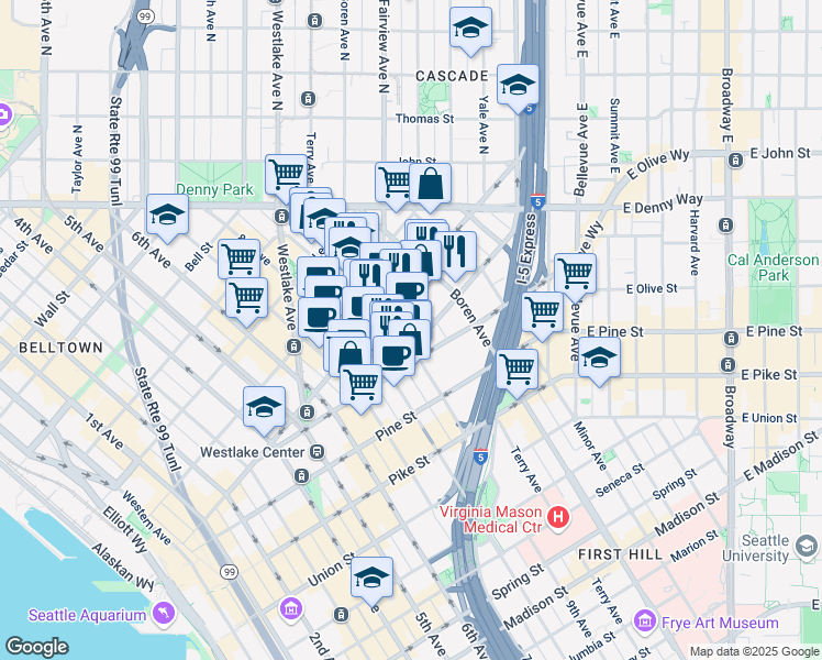 map of restaurants, bars, coffee shops, grocery stores, and more near in Seattle