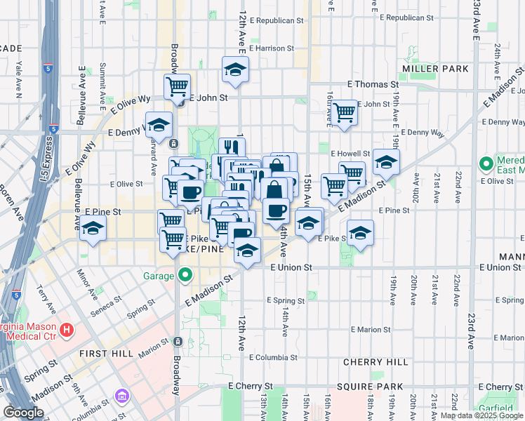 map of restaurants, bars, coffee shops, grocery stores, and more near E Pine St & 13th Ave in Seattle