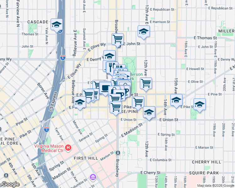 map of restaurants, bars, coffee shops, grocery stores, and more near 1620 Broadway in Seattle