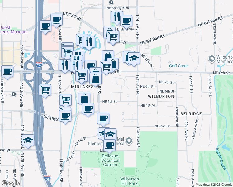 map of restaurants, bars, coffee shops, grocery stores, and more near 632 122nd Avenue Northeast in Bellevue